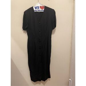 Vintage Oberon black v neck button short sleeve retro pinup midi dress size 8